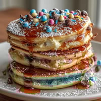 Festive Easter Egg Pancakes topped with colorful glaze and sprinkles, perfect for a cheerful spring breakfast.