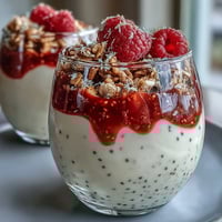 Layered lemon chia pudding parfait with crunchy granola and raspberry compote, a refreshing and nutritious breakfast treat.