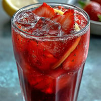 Vibrant Juneteenth Red Drink: Hibiscus Strawberry Lemonade served over ice.