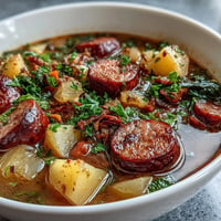 Hearty Quick German Sausage Soup with tender vegetables and savory browned sausage chunks.
