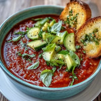 Vibrant chilled gazpacho twist soup with fresh avocado and basil garnish.
