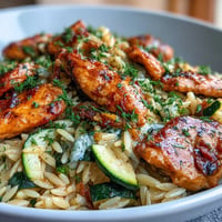 One-Pan Lemon Chicken and Zucchini Orzo featuring tender chicken and vibrant zucchini.