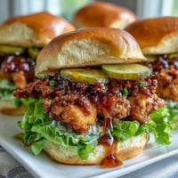Crispy Hot Honey Chicken Sandwich with pickles, juicy fried chicken, sweet-spicy drizzle.