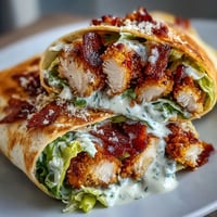 Golden brown crispy chicken Caesar wraps ready for lunch on a tortilla.