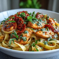 Creamy tomato basil chicken pasta, rich with melted Parmesan and fresh basil.