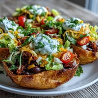 Crispy potato taco bowls overflow with seasoned black beans and vibrant fresh toppings.