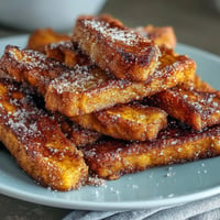 Golden-brown pumpkin cinnamon toast sticks dusted with sugar, perfect for a cozy fall breakfast.